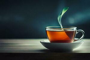 un' tazza di tè su un' di legno tavolo. ai-generato foto