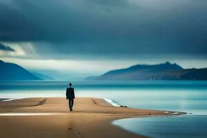un' uomo passeggiate solo su il spiaggia sotto un' tempestoso cielo. ai-generato foto