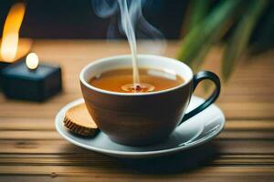 un' tazza di tè con un' candela. ai-generato foto