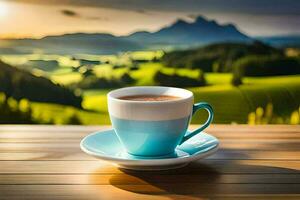 un' tazza di caffè su un' di legno tavolo nel il montagne. ai-generato foto