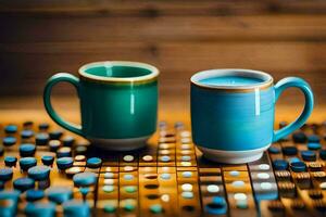 Due blu caffè tazze su un' di legno tavolo. ai-generato foto