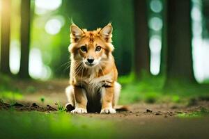 un' piccolo cane seduta nel il mezzo di un' foresta. ai-generato foto