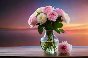 rosa Rose nel un' vaso su un' tavolo con un' tramonto nel il sfondo. ai-generato foto