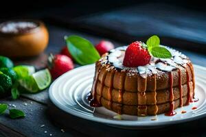 un' pila di Pancakes con fragole e menta le foglie. ai-generato foto