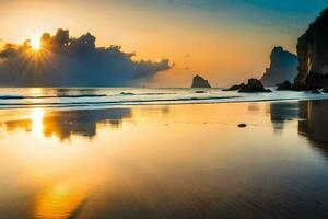 tramonto su il spiaggia con rocce e acqua. ai-generato foto