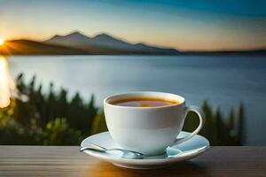 un' tazza di caffè su un' di legno tavolo con un' Visualizza di il lago. ai-generato foto