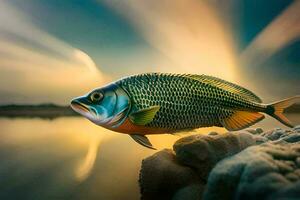 un' pesce è in piedi su un' roccia nel il acqua. ai-generato foto