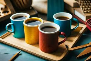 tre caffè tazze su un' di legno vassoio. ai-generato foto