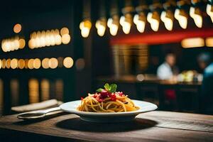 un' piatto di pasta su un' di legno tavolo nel un' ristorante. ai-generato foto