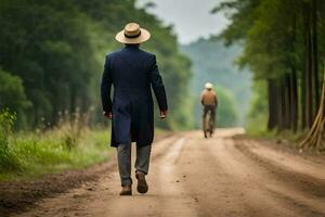 un' uomo nel un' cappello e completo da uomo a piedi giù un' sporco strada. ai-generato foto