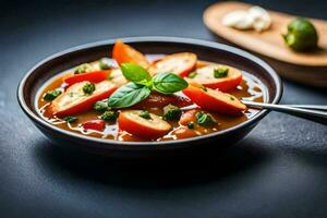 un' ciotola di pomodoro la minestra con basilico e formaggio. ai-generato foto