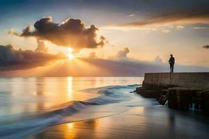 il uomo sta su il bordo di il mare parete a tramonto. ai-generato foto