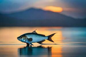 un' pesce è in piedi su il acqua a tramonto. ai-generato foto