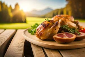 pollo su un' piatto con verdure nel il sfondo. ai-generato foto