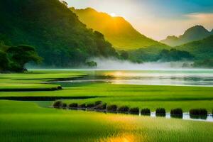 il sole sorge al di sopra di un' riso campo e montagne. ai-generato foto