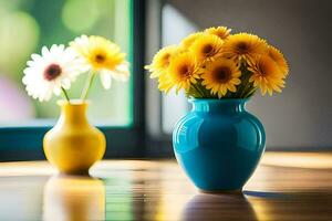 Due vasi con giallo fiori seduta su un' tavolo. ai-generato foto