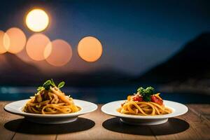 Due piatti di pasta con un' Visualizza di il tramonto. ai-generato foto