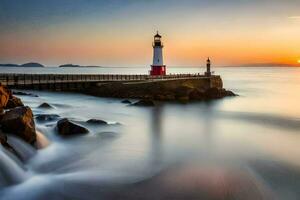 un' faro a tramonto con un' lungo esposizione. ai-generato foto