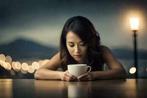 un' donna è seduta a un' tavolo con un' tazza di caffè. ai-generato foto