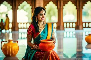 un' bellissimo indiano sposa nel tradizionale abbigliamento Tenere un' pentola. ai-generato foto