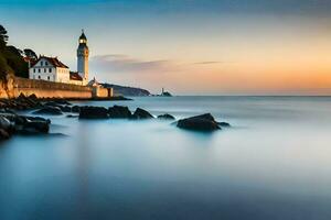 un' faro sta su il riva di il oceano. ai-generato foto