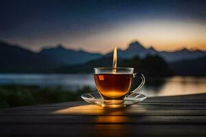 un' tazza di tè su il lago. ai-generato foto