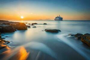 un' crociera nave nel il oceano a tramonto. ai-generato foto