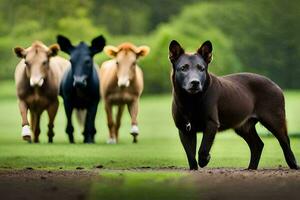 un' cane e un' mucca siamo in piedi nel un' campo. ai-generato foto