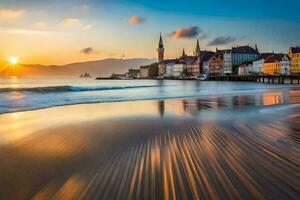 il sole imposta al di sopra di un' spiaggia e edifici nel ligne sur mer, Francia. ai-generato foto