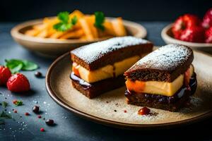 Due panini con fragola marmellata e ghiaccio crema su un' piatto. ai-generato foto