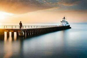 un' uomo sta su un' molo a tramonto. ai-generato foto