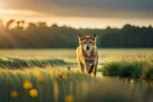 un' lupo a piedi attraverso un' campo a tramonto. ai-generato foto