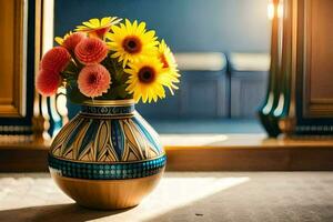 un' vaso con girasoli seduta su un' tavolo. ai-generato foto