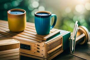 Due caffè tazze su un' di legno tavolo. ai-generato foto