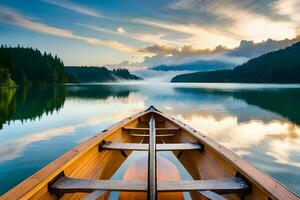 un' canoa è galleggiante su un' lago a tramonto. ai-generato foto