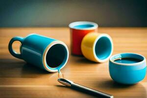 colorato caffè tazze e un' cucchiaio su un' tavolo. ai-generato foto