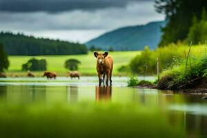 un' mucca in piedi nel il acqua su un' verde campo. ai-generato foto