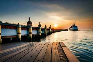 un' barca attraccato a il molo a tramonto. ai-generato foto