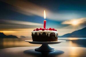 un' compleanno torta con un' singolo candela su superiore. ai-generato foto