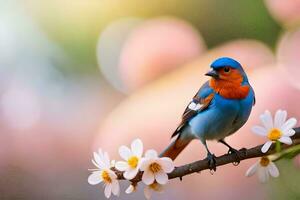 un' blu e arancia uccello si siede su un' ramo con bianca fiori. ai-generato foto