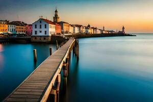 un' molo nel il mezzo di un' corpo di acqua a tramonto. ai-generato foto