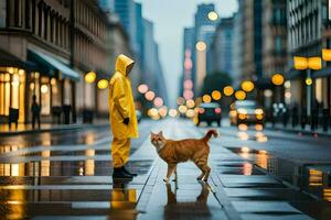 un' uomo nel un' giallo impermeabile e gatto su un' bagnato strada. ai-generato foto