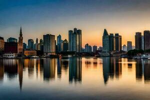 il città orizzonte è riflessa nel il acqua a tramonto. ai-generato foto