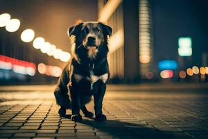 un' cane seduta su il marciapiede a notte. ai-generato foto