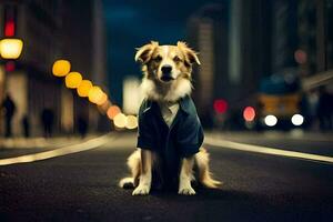 un' cane indossare un' giacca si siede su il strada a notte. ai-generato foto