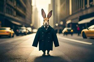 un' coniglio indossare un' cappotto e cravatta in piedi su un' città strada. ai-generato foto