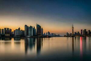 il città orizzonte a tramonto nel shanghai. ai-generato foto