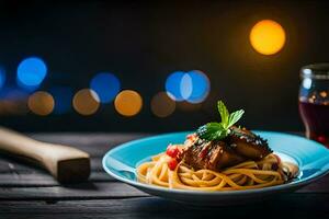 un' piatto di spaghetti con carne e pomodoro salsa su un' di legno tavolo. ai-generato foto