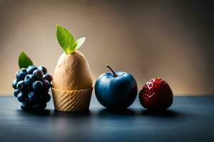 tre diverso tipi di frutta e ghiaccio crema. ai-generato foto