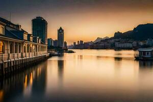 un' città orizzonte a tramonto con un' barca nel il acqua. ai-generato foto